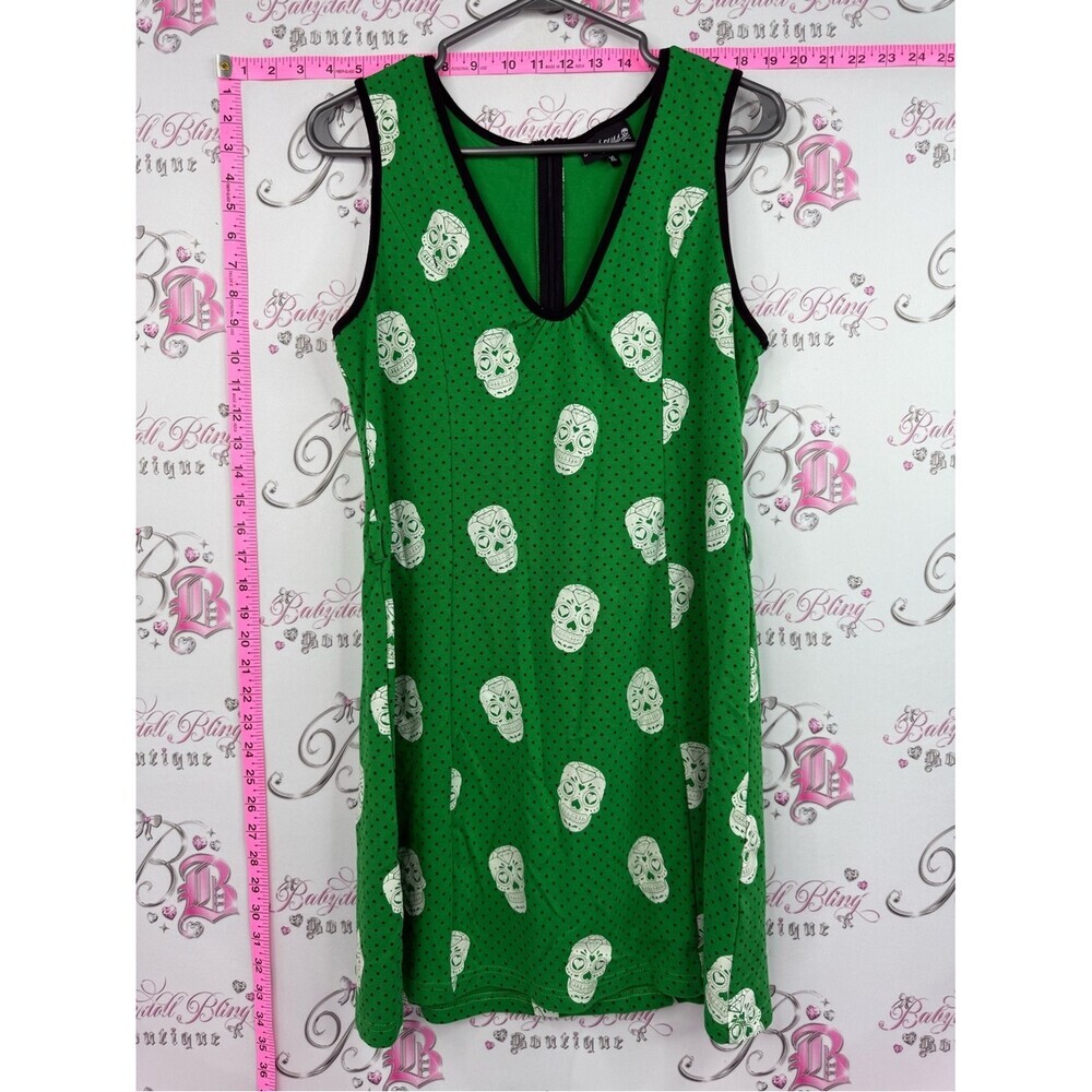 Sourpuss dress skulls diamonds Green Tank Dress with black White Skull Print